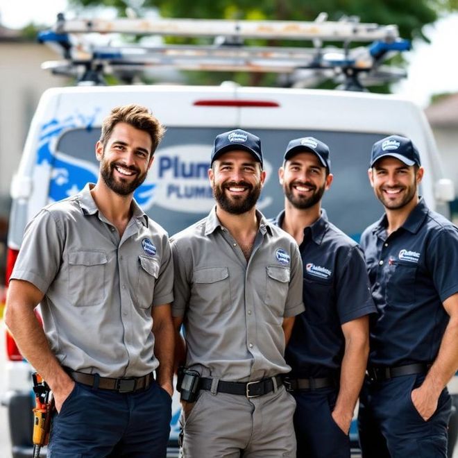 Four smiling plumbers in work uniforms standing in front of a service van
