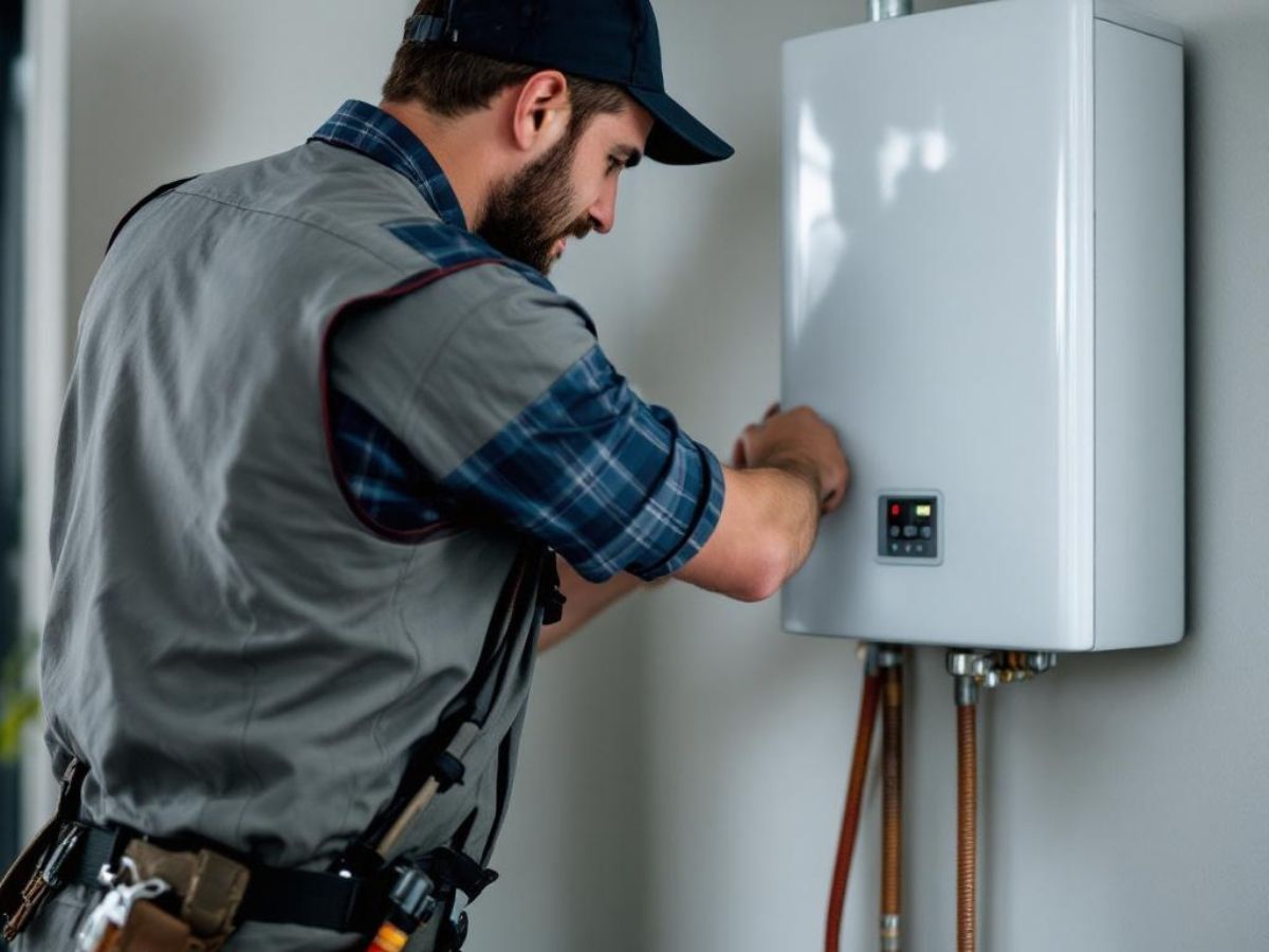 Technician inspecting a wall-mounted white boiler with tools in a utility room