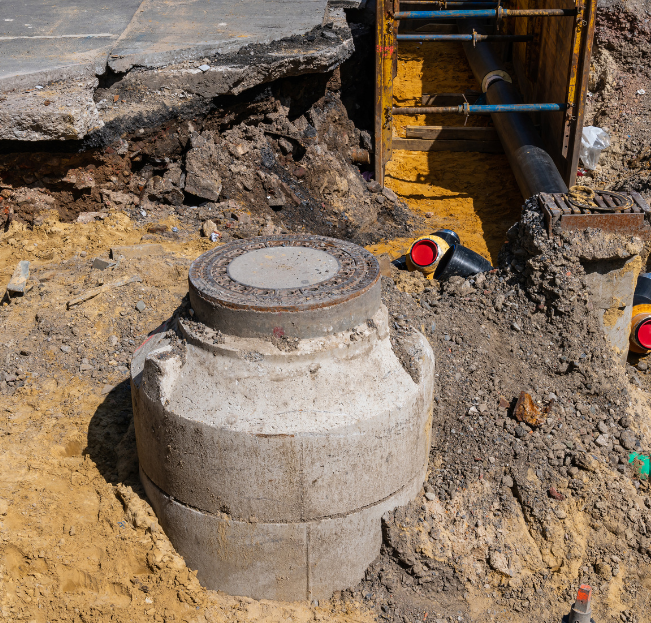 A concrete manhole cover is sitting in the dirt