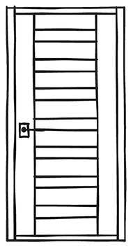 A black and white drawing of a door with a handle on a white background.