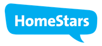 A blue speech bubble with the word homestars on it
