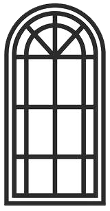 A black and white drawing of a window with a grid on a white background.
