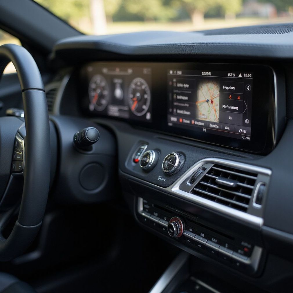 Interni neri dell'auto con cruscotto digitale che visualizza la navigazione, volante a sinistra.
