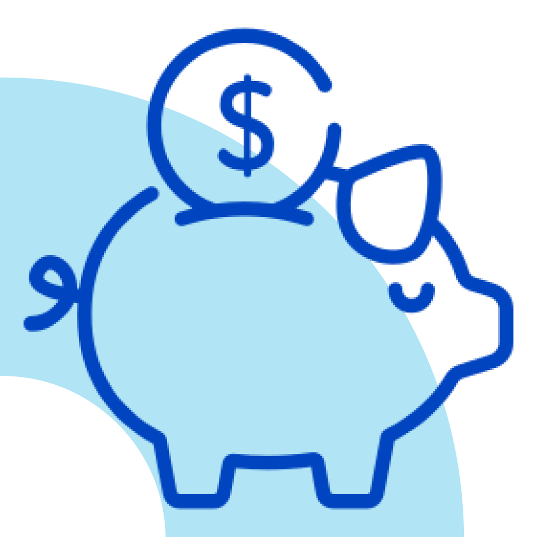 Ícone de cofrinho azul com uma moeda em formato de cifrão no topo e fundo azul claro.