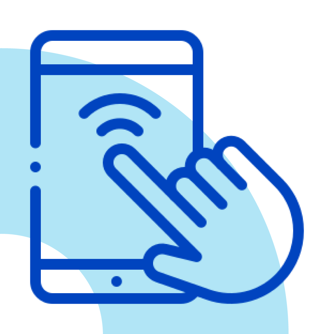 Ícone azul de smartphone com uma mão tocando o sinal sem fio na tela