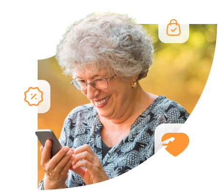 Mulher sorridente usando um smartphone, com ícones de aplicativos de compras em um fundo branco e laranja.