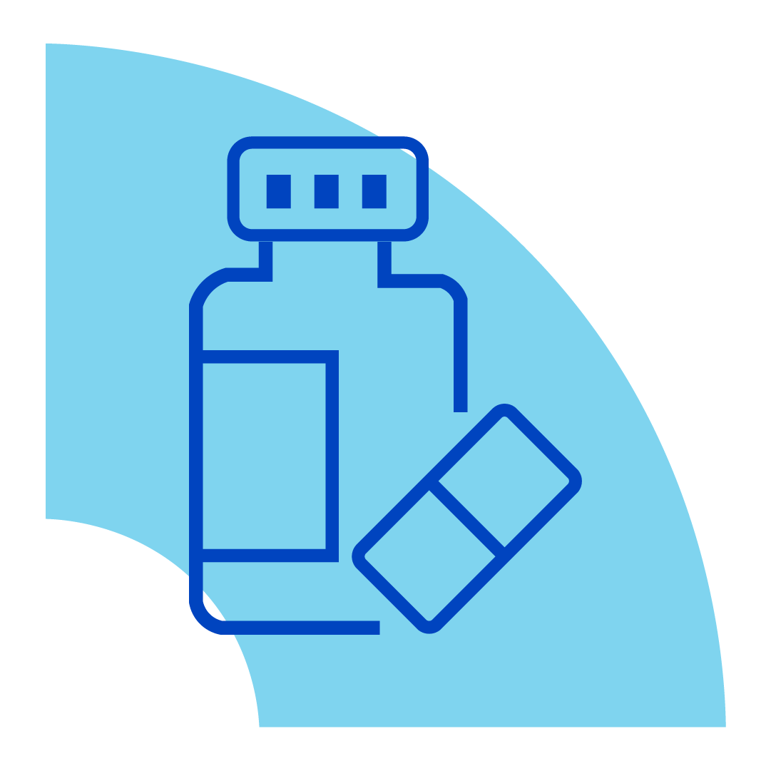 Frasco de remédio azul e dois comprimidos sobre um fundo azul claro, gráfico em estilo de ícone.