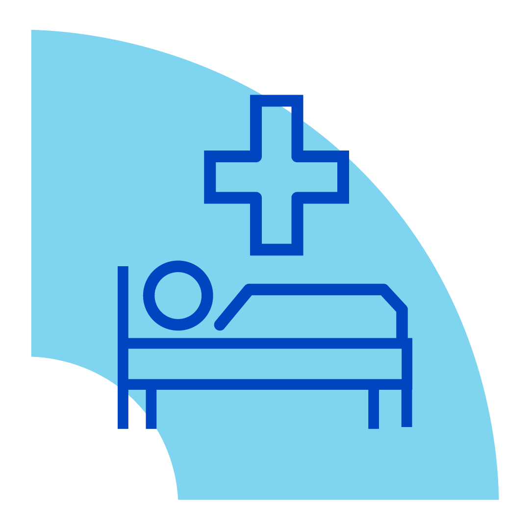 Cama de hospital azul com ícone de paciente e cruz médica sobre fundo azul claro.