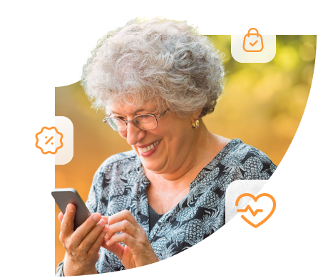 Mulher sorridente usando um smartphone, com ícones de saúde e compras em um fundo quente.