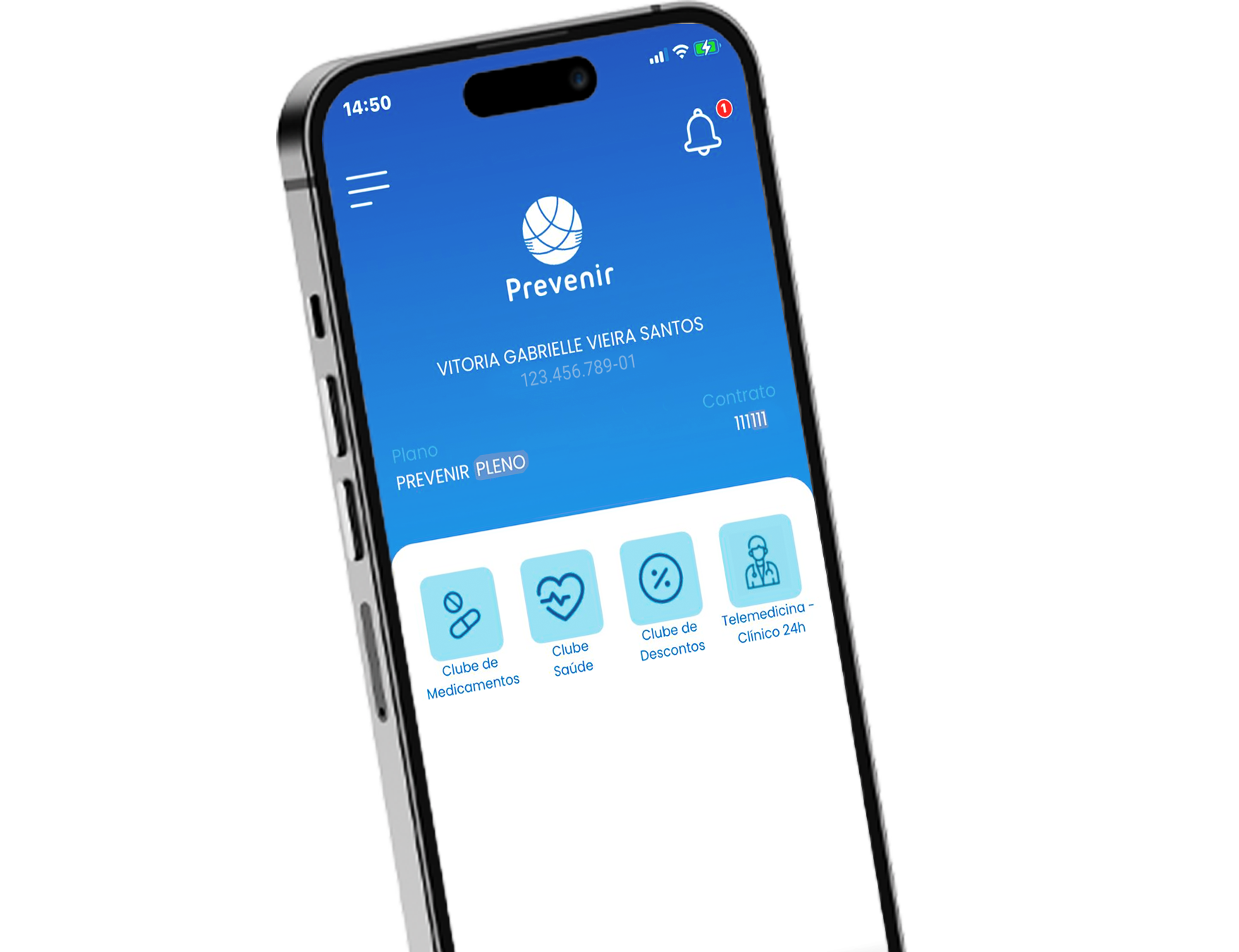 Smartphone inclinado mostrando a tela inicial azul de um aplicativo médico com ícones e logotipo branco.