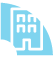 Ícone abstrato de logotipo de edifício em azul e branco sobre um fundo com gradiente claro.