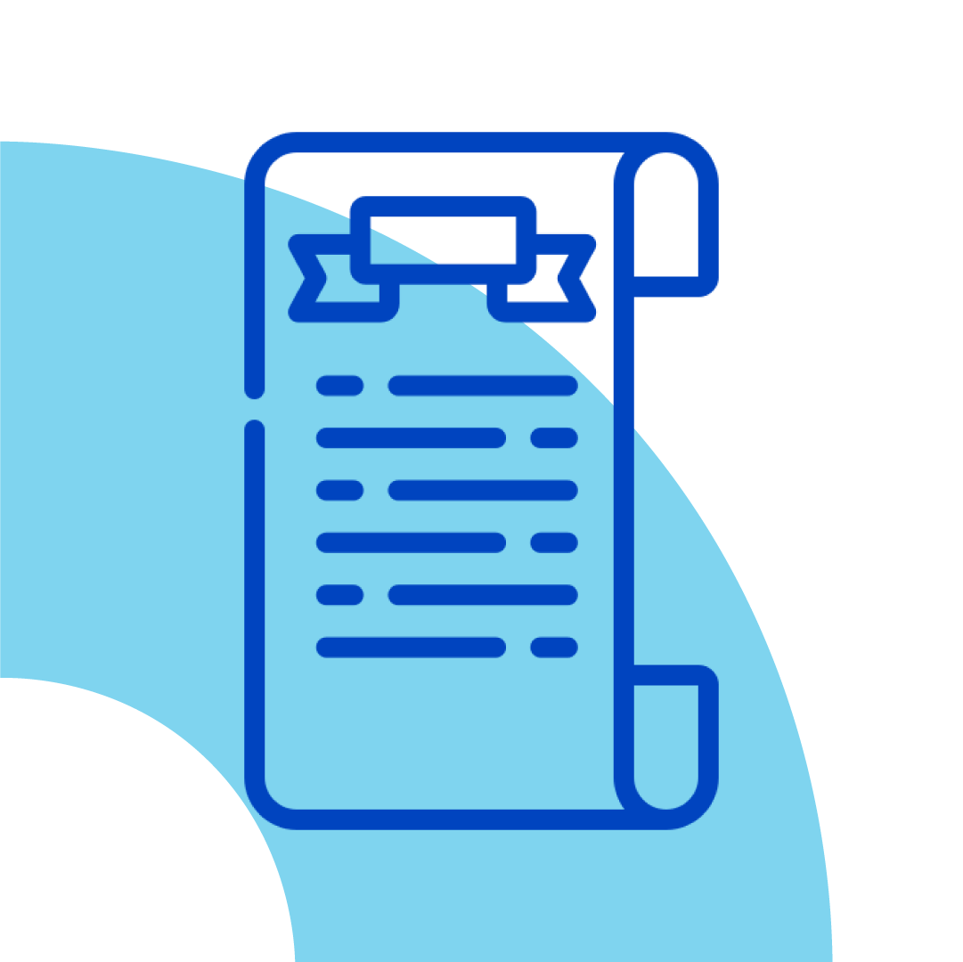 Ícone de documento com contorno azul e uma fita sobre um fundo abstrato azul claro.