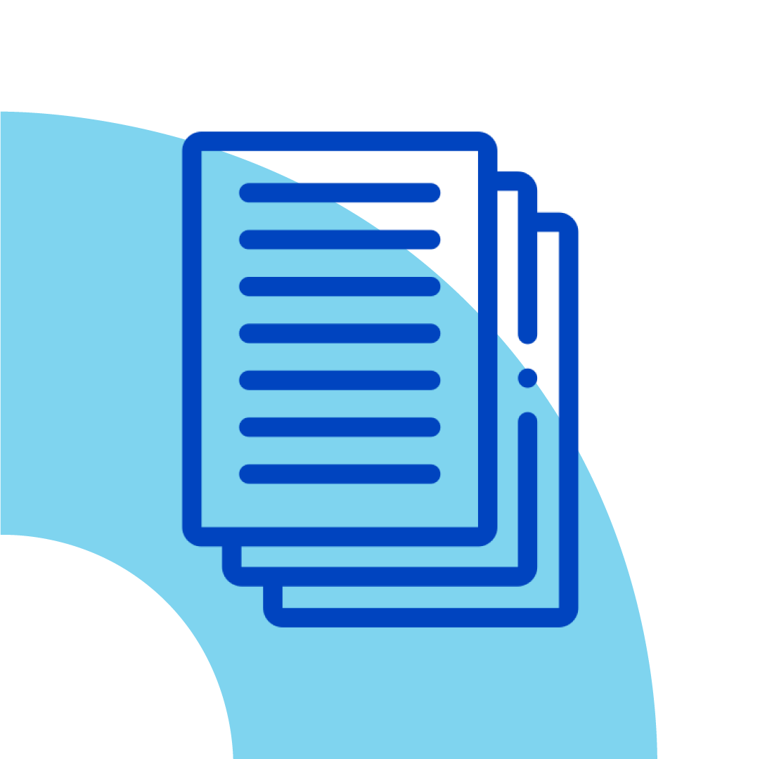 Ícone de documentos empilhados em azul sobre um fundo azul claro.