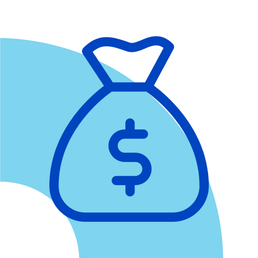 Ícone de saco de dinheiro azul com um símbolo de dólar em um fundo azul claro.