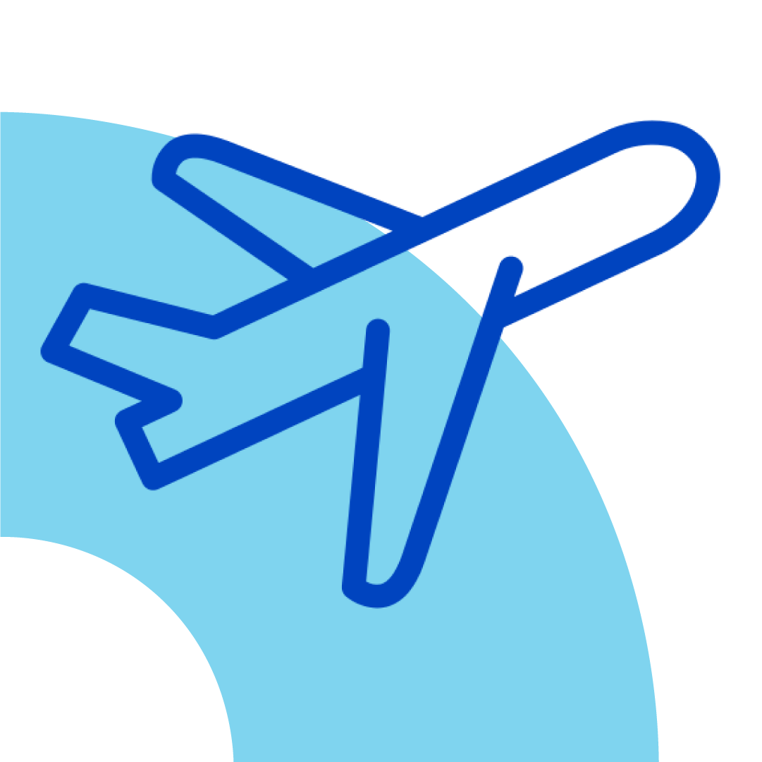 Contorno azul de um avião sobre um fundo circular azul claro.