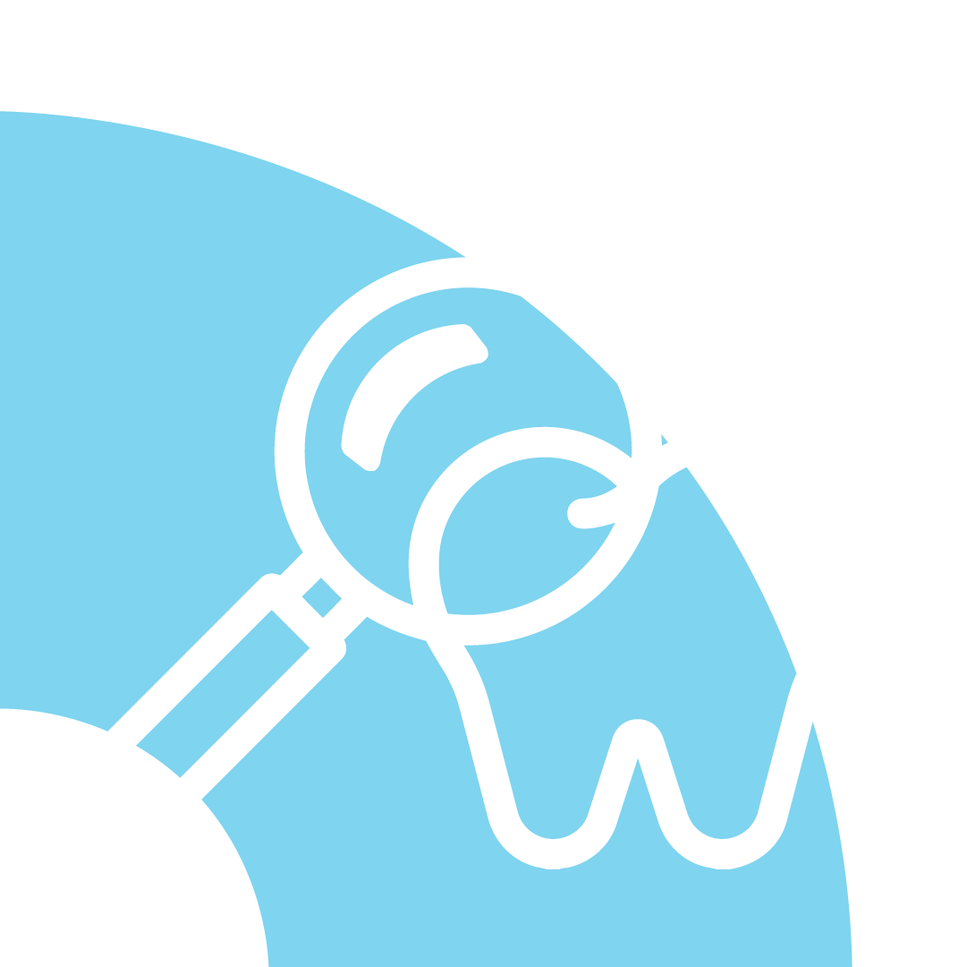 Ícone odontológico azul claro mostrando uma lupa examinando o contorno de um dente.