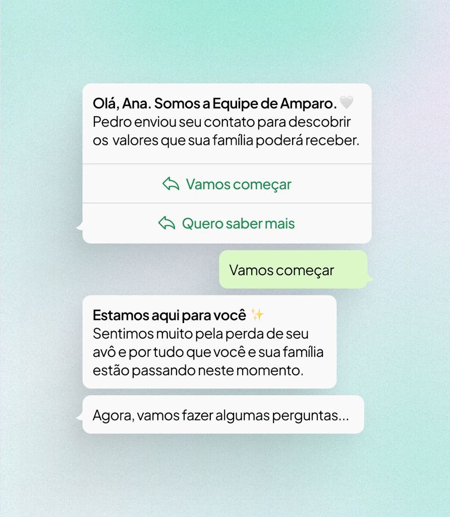Chat de atendimento em português com botões verdes para iniciar e saber mais, sobre fundo em degradê.
