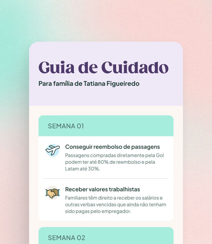 Guia de cuidados em tons de lilás e turquesa com tarefas da semana 01 e do passaporte, além de valores de trabalho.