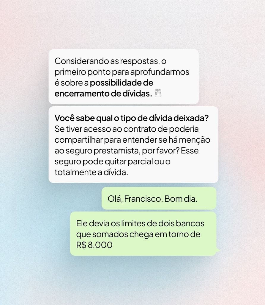 Duas mensagens em estilo WhatsApp, em português, sobre dívidas e saldos bancários, uma em branco e outra em verde.