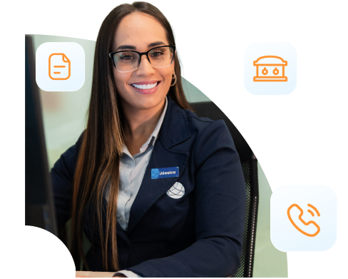 Mulher de negócios sorridente com fone de ouvido ao lado de ícones de documento, banco e telefone em um fundo claro.