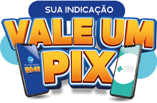 Banner promocional azul e laranja com dois celulares e texto “Sua indicação vale um PIX”