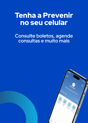 Tela azul com texto “Tenha a Previnir no seu celular” e um celular exibindo o app; destaque promocional.