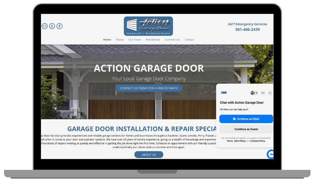 A laptop computer is open to a website for action garage door.