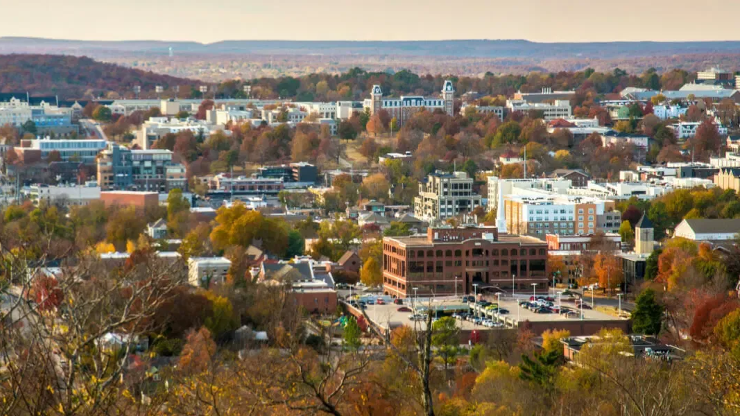 Aerial view of a town with buildings and trees in autumn colors under a hazy sky.