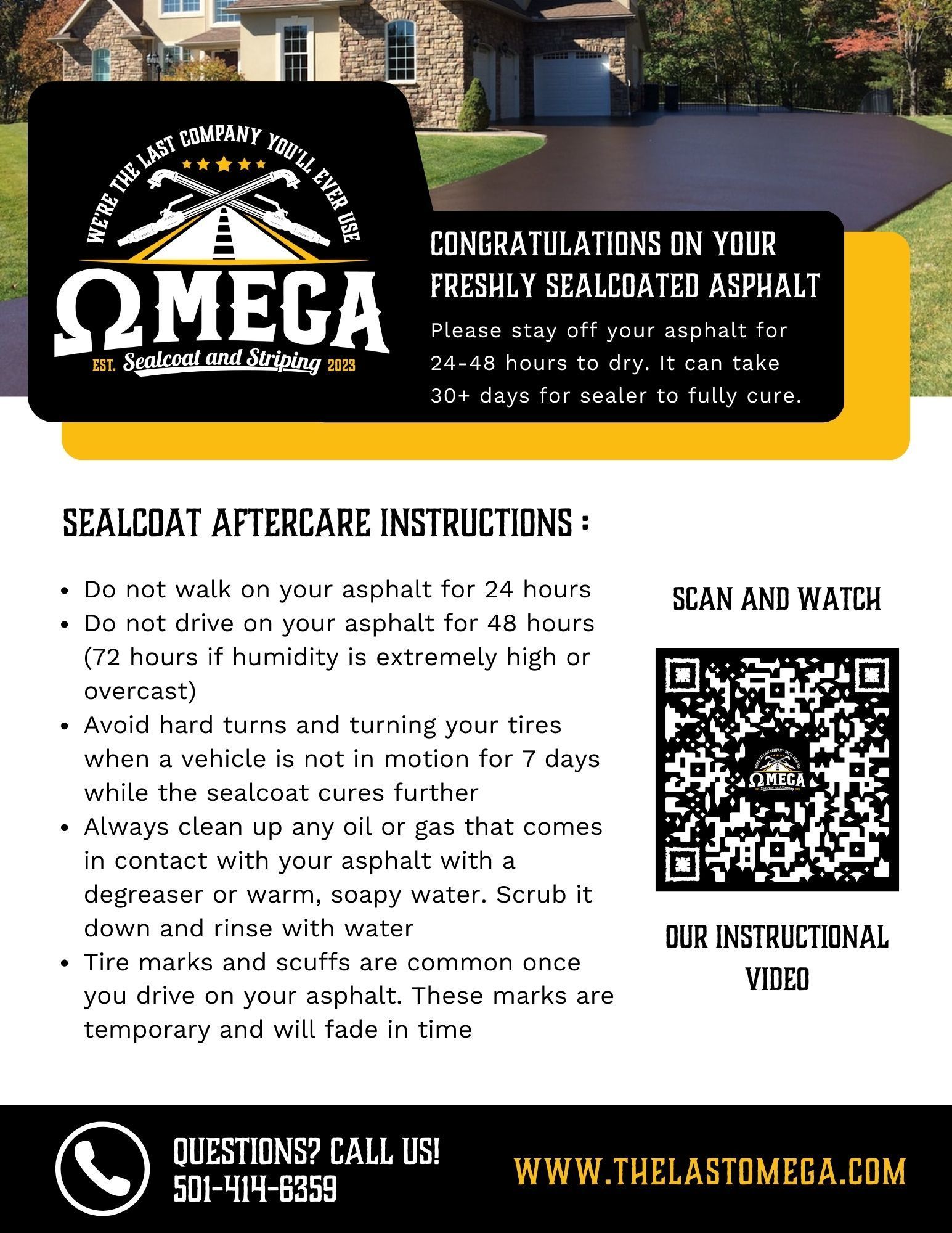 A flyer for omega sealcoat aftercare instructions with a qr code.