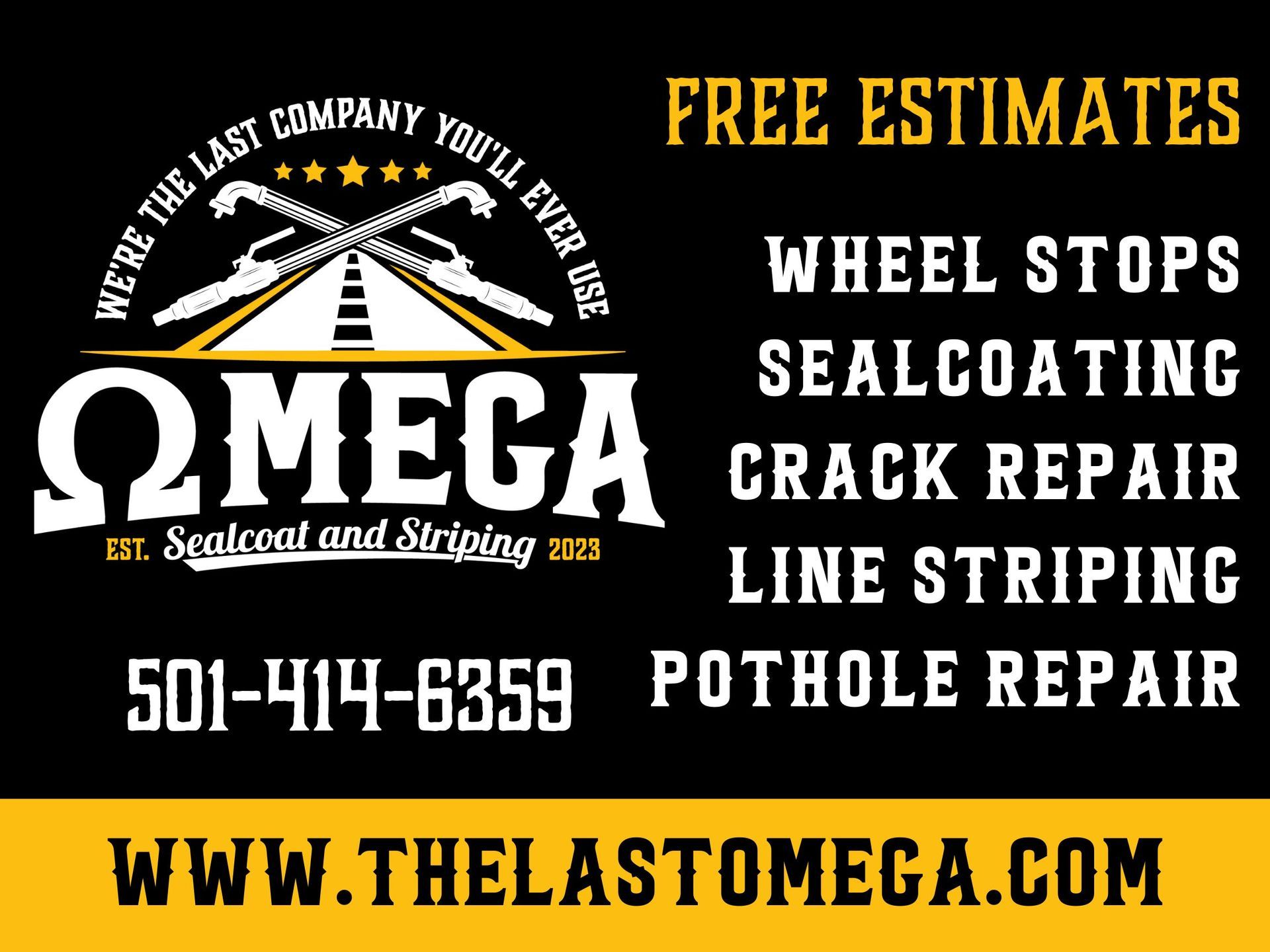 A black and yellow sign for omega sealcoating