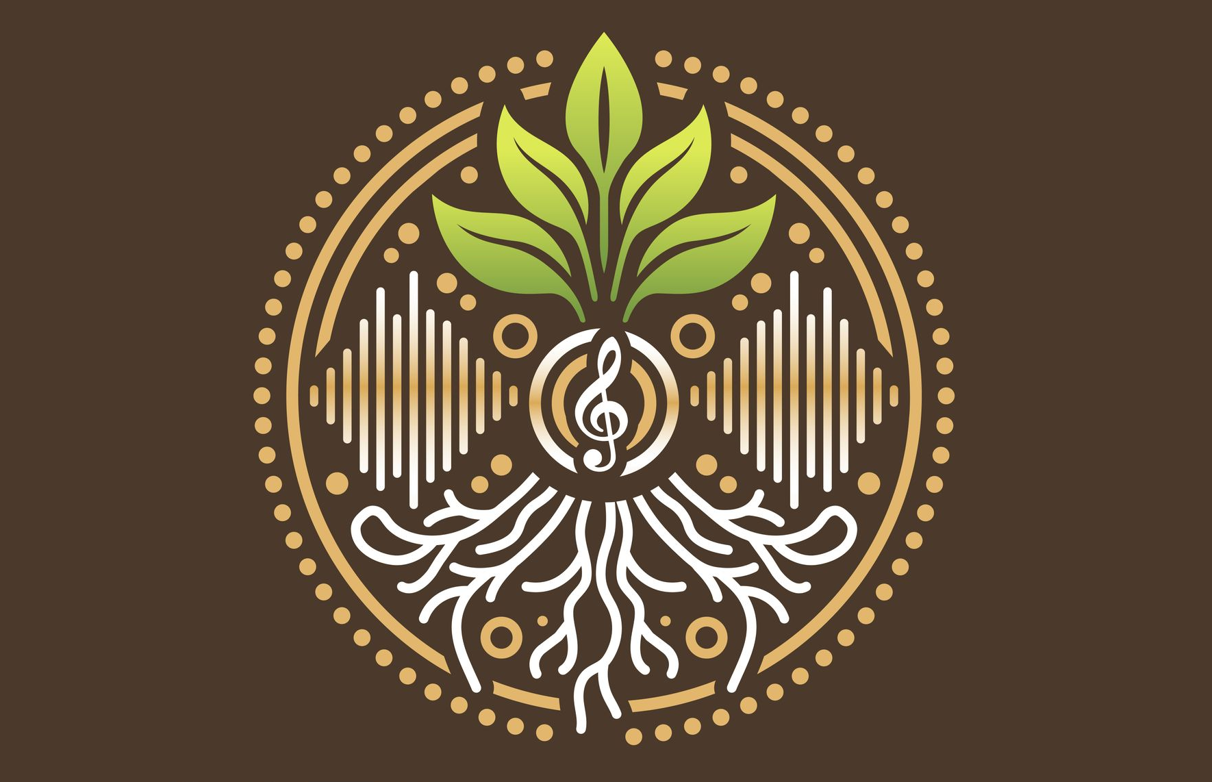 Logo: tree with leaves, musical note, sound waves, roots, within a brown dotted circle.