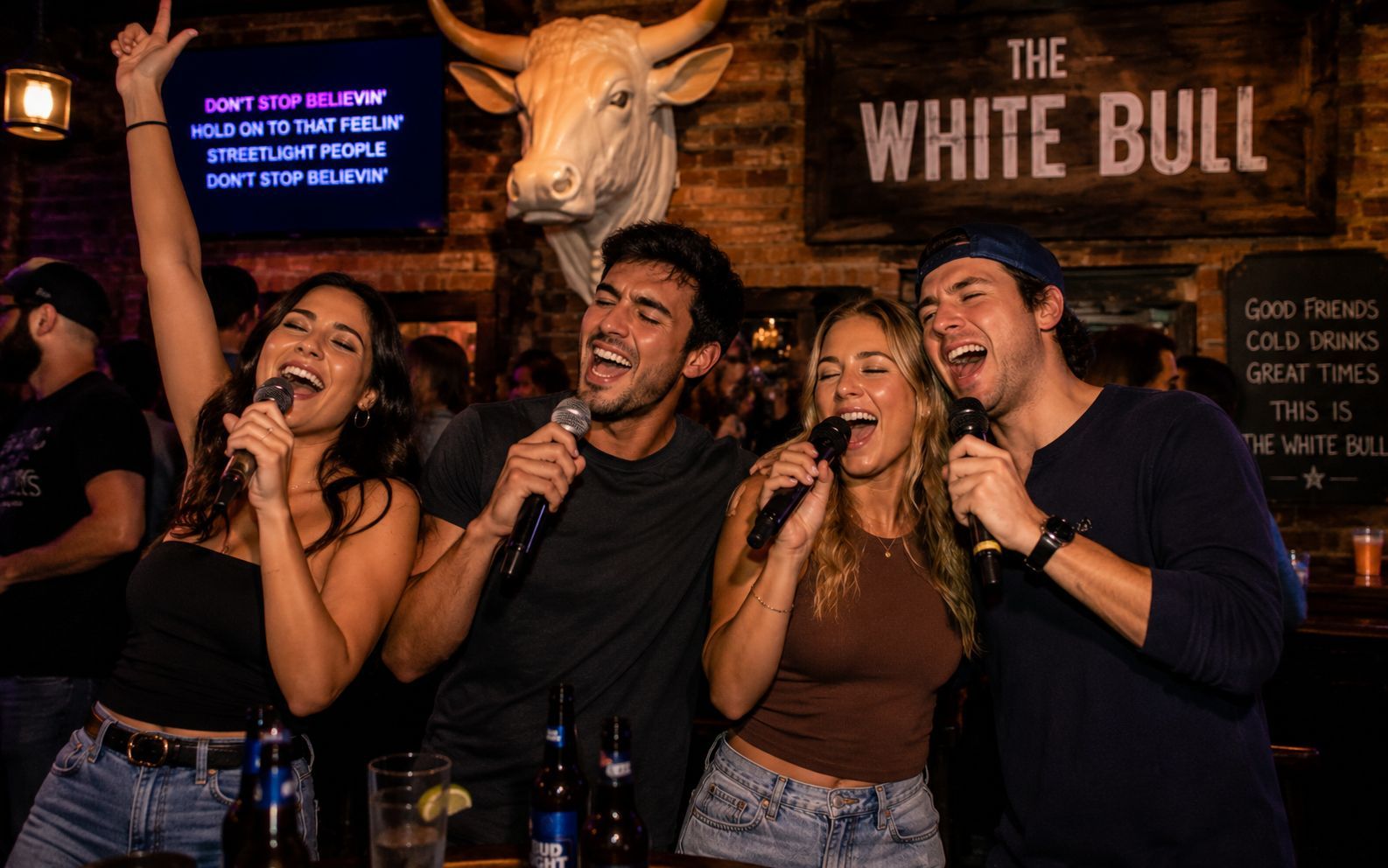 Guests enjoying karaoke night at White Bull Tavern near Faneuil Hall in Downtown Boston