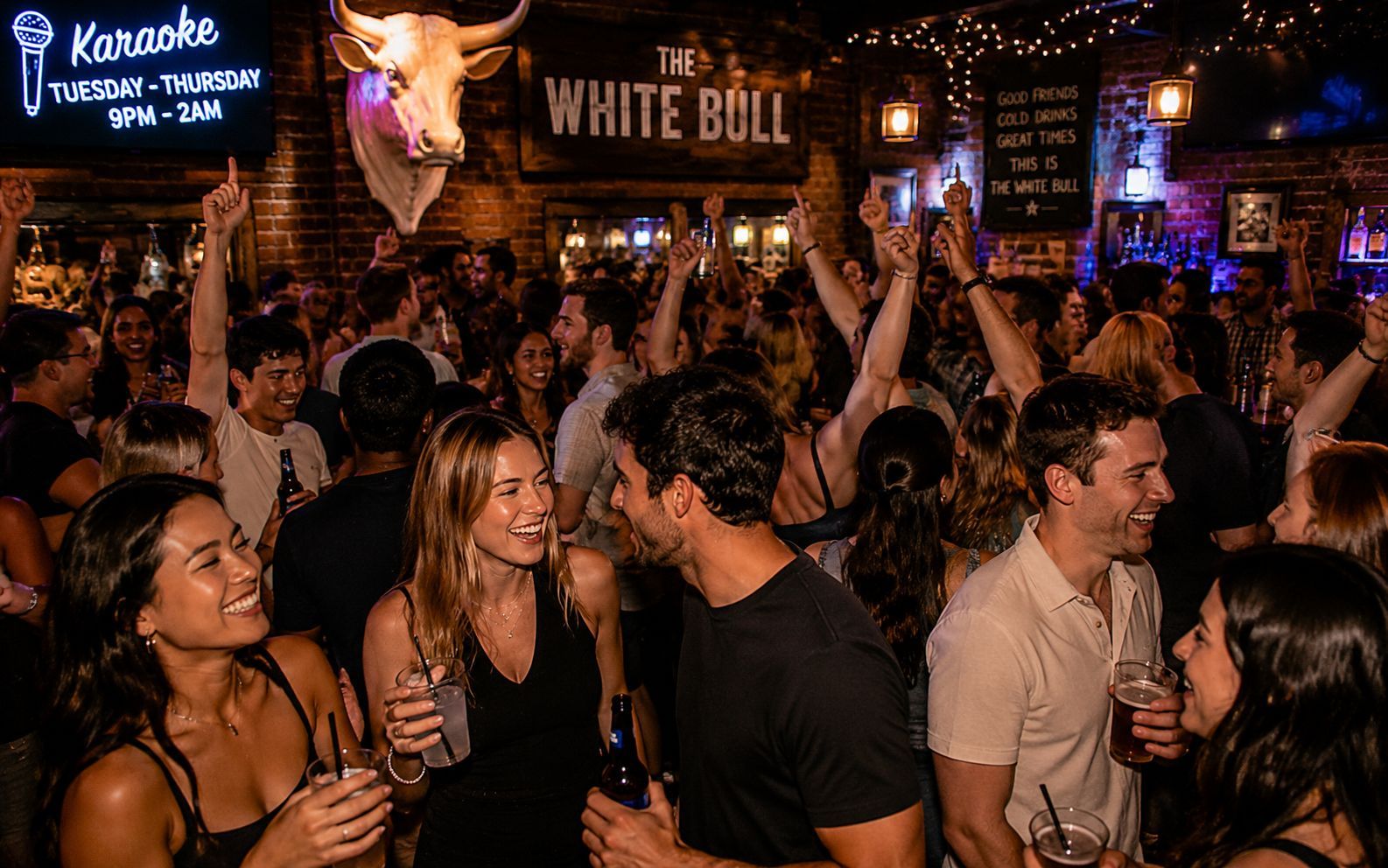 Guests enjoying karaoke night at White Bull Tavern near Faneuil Hall in Downtown Boston
