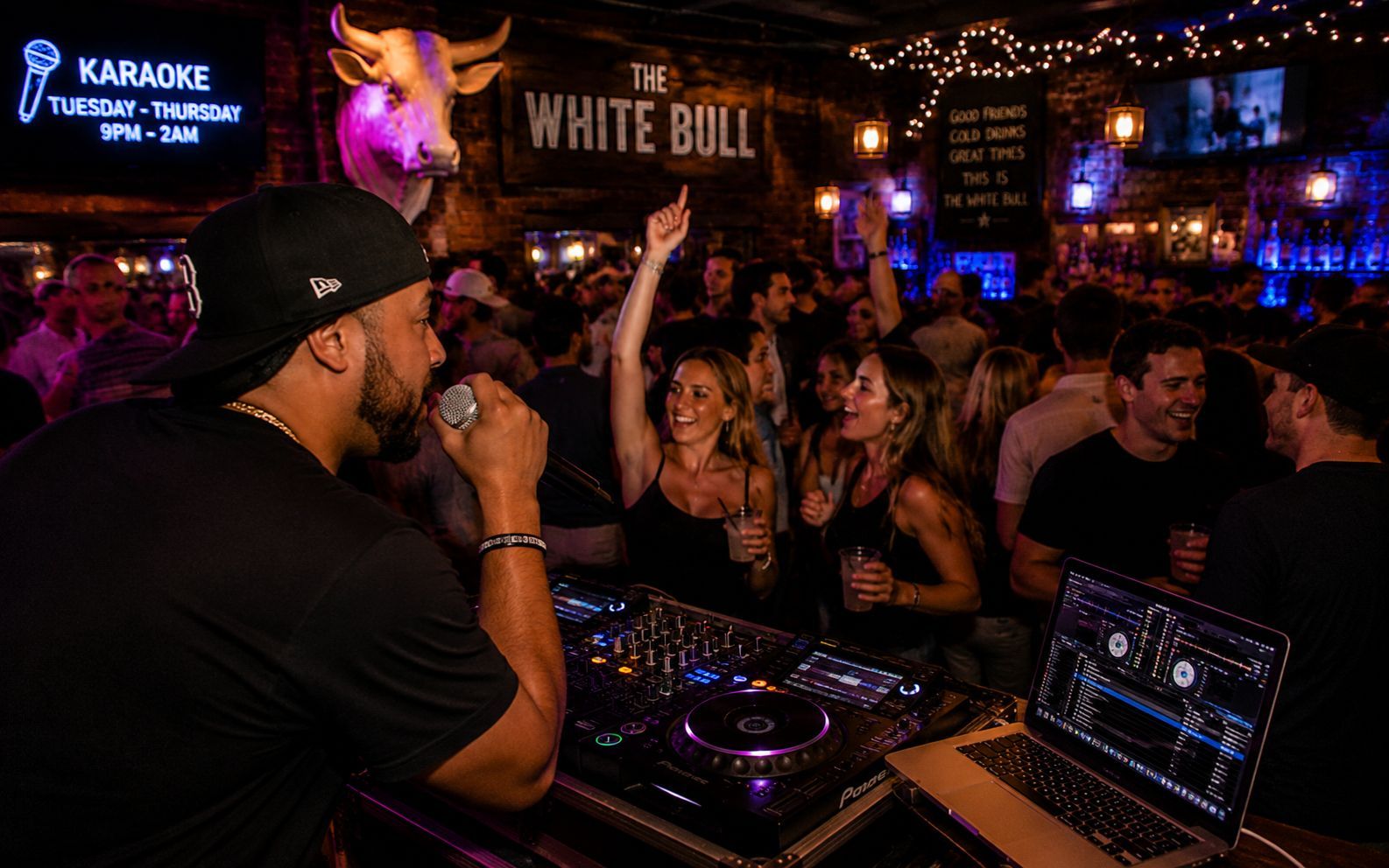 Guests enjoying karaoke night at White Bull Tavern near Faneuil Hall in Downtown Boston