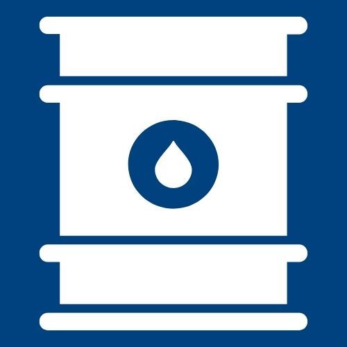 White oil barrel icon with a blue droplet on a blue background