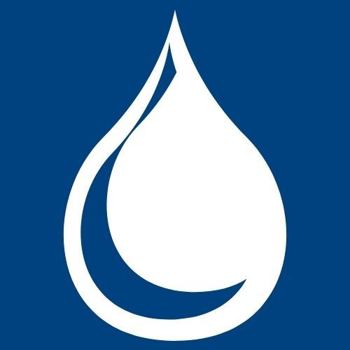 White water droplet logo on a blue background