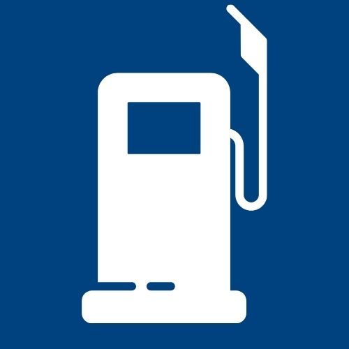 White gas pump icon on a blue background