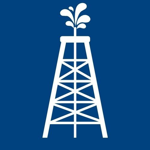 White oil derrick icon on a blue background, with oil spraying from the top