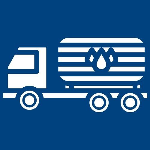 White fuel truck icon on blue background with a flame symbol on the tank