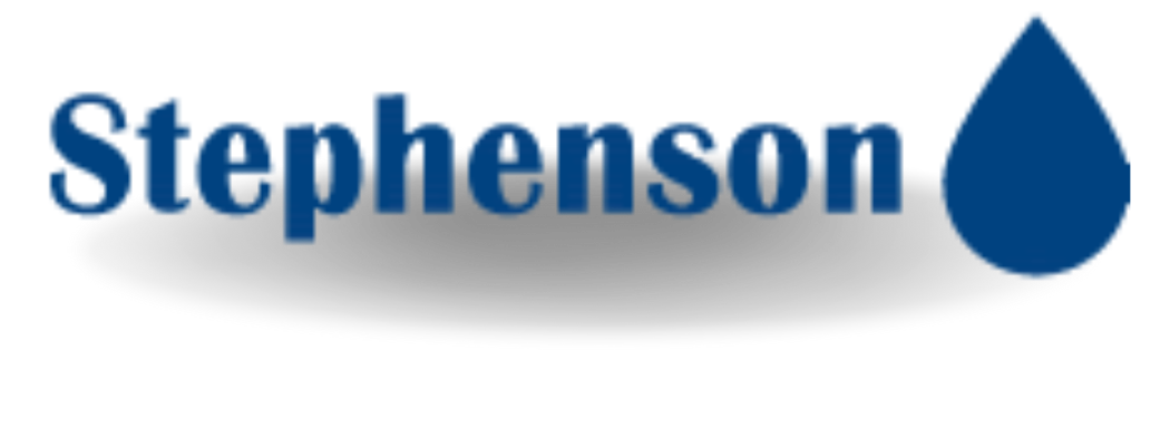 Stephenson logo with blue text and a blue water droplet icon