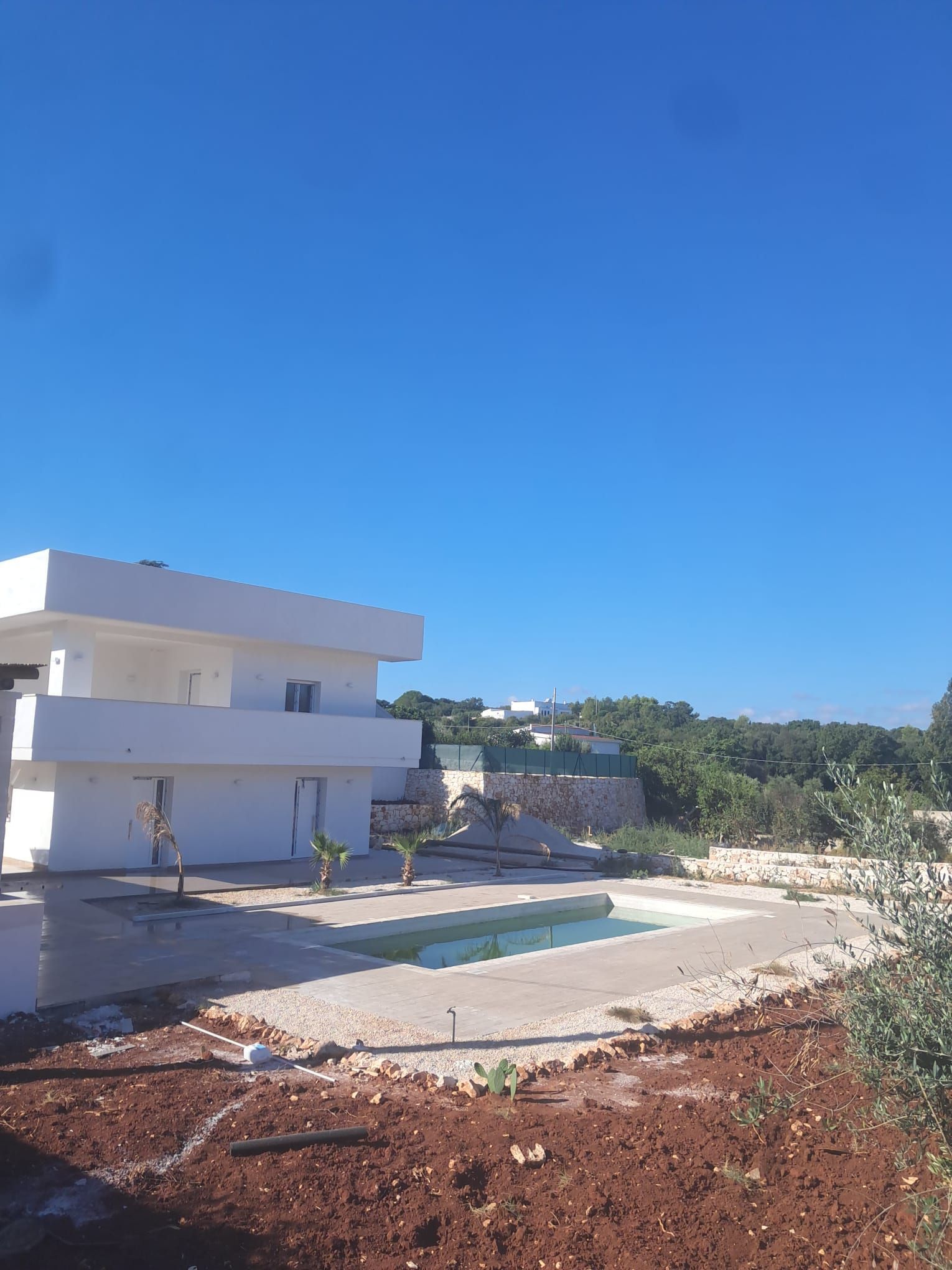 Moderna casa bianca accanto a una piscina, con cielo azzurro e terreno con giardino in stile secco