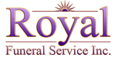 Royal Funeral Service Inc. logo in purple and gold, with a sunburst graphic above the word "Royal".