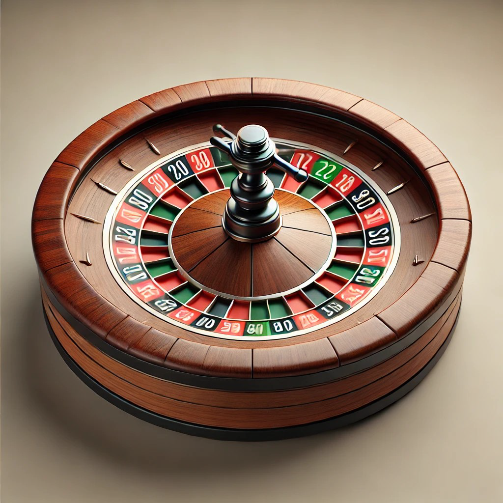 Roulette wheel, wooden construction, with numbered slots in red, black, and green.