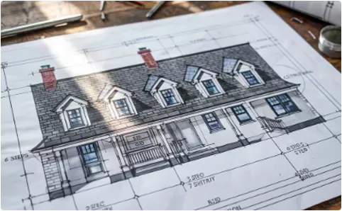 Architectural blueprint of a house with dormers, chimney, and porch, with pencil and tools on a wooden surface.
