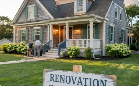 House undergoing renovation; workers on porch, sign in yard: 