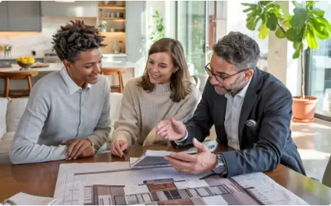 Three people reviewing blueprints at a table. One points while others look on, in a bright room.