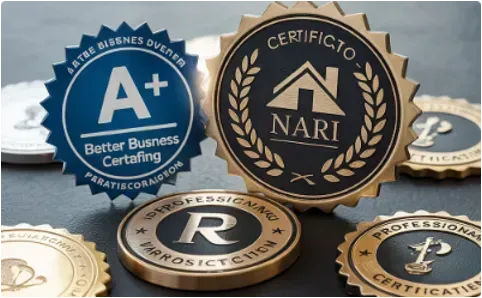 Close-up of several gold and blue business certification seals.