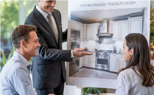 Man in suit presenting kitchen remodel design to a couple; design illustration shown.
