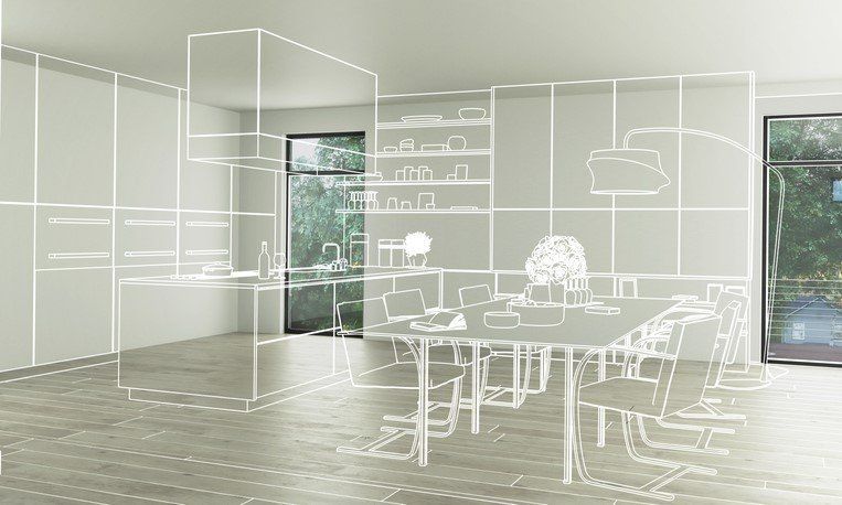 Outline of modern kitchen and dining area with visible design features.