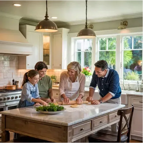 Family baking together in a bright kitchen, rolling dough on a marble island.